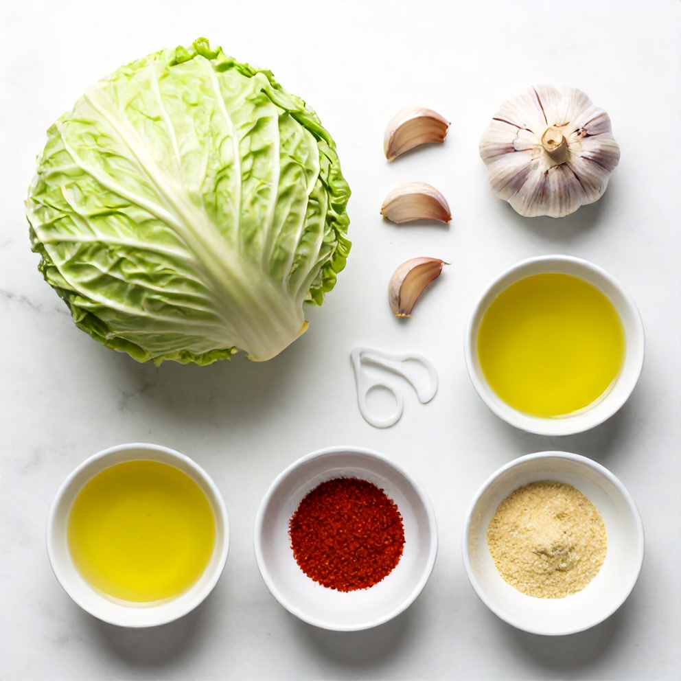 Cabbage, garlic, olive oil, spices, and salt arranged on a marble surface
