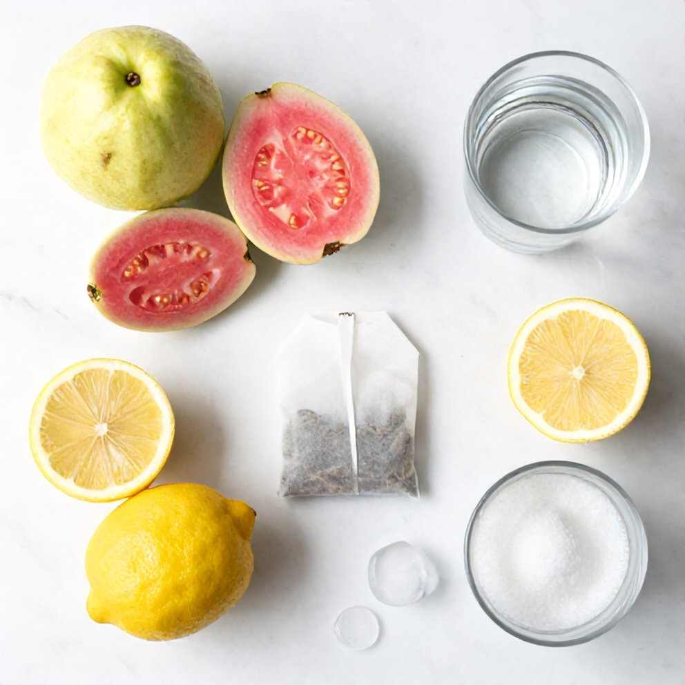 Guava, lemons, white tea bags, sugar, water, and ice on a wooden surface