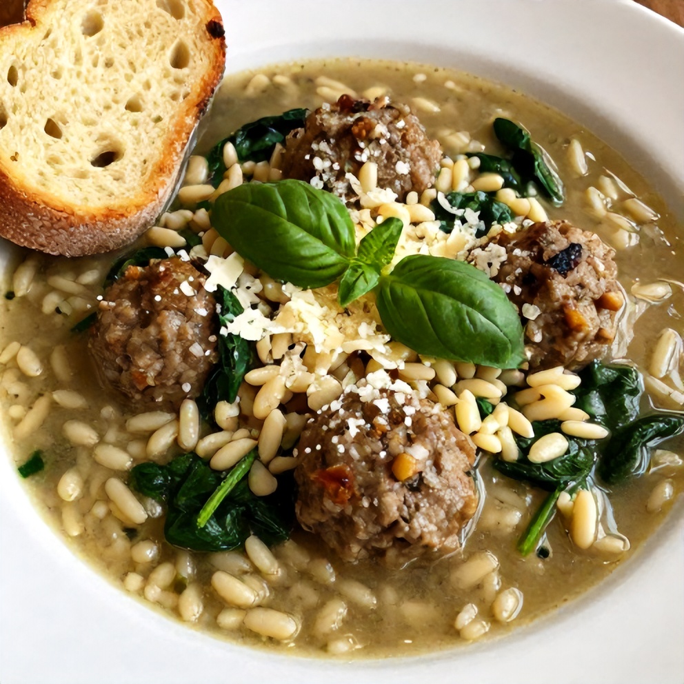 Plated Turkey Meatball Soup with Orzo and Spinach