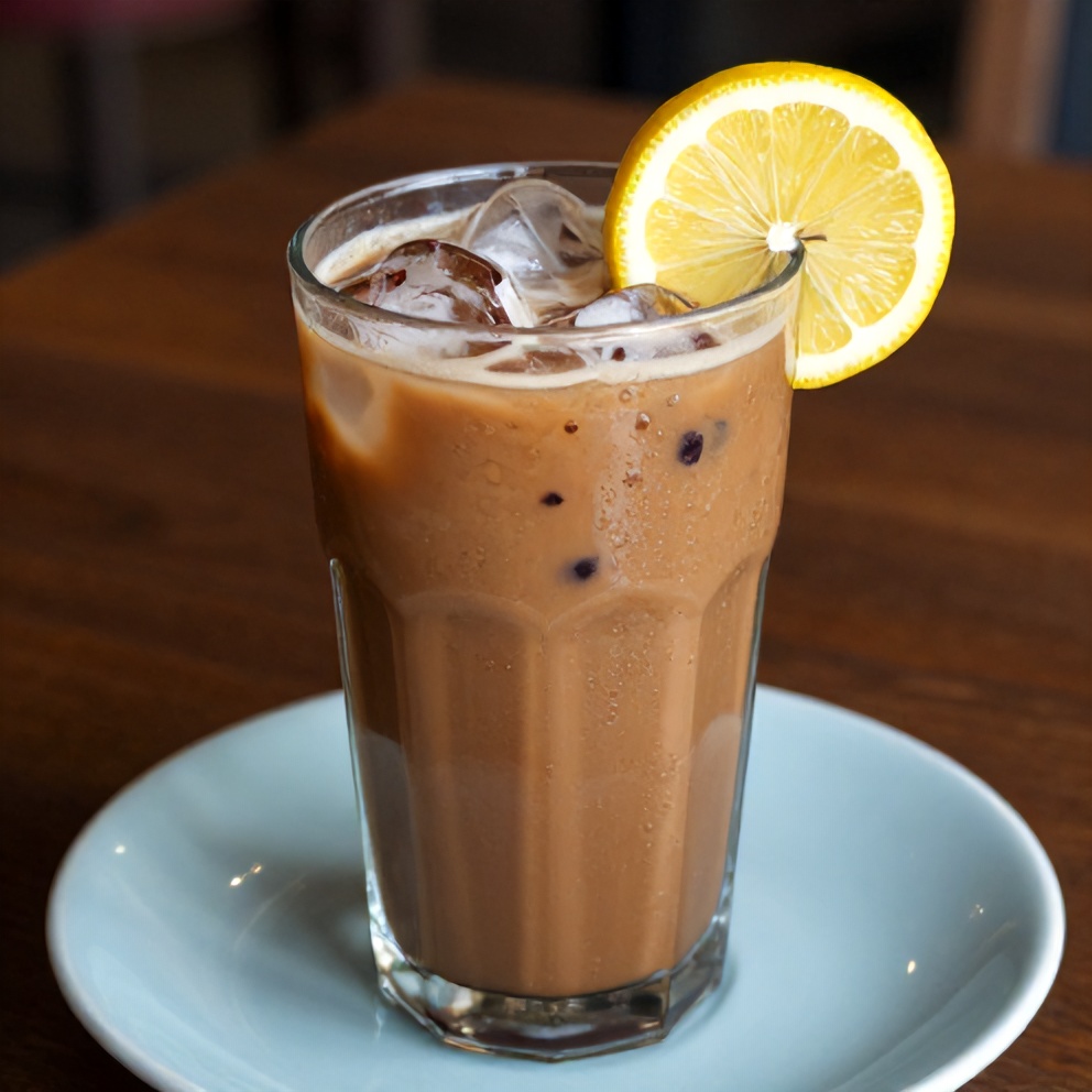 Hibiscus Cardamom Iced Latte served in a glass with a lemon slice