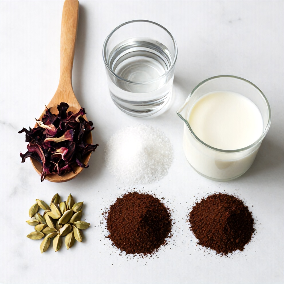 Hibiscus flowers, cardamom pods, water, sugar, milk, and coffee grounds on a wooden surface