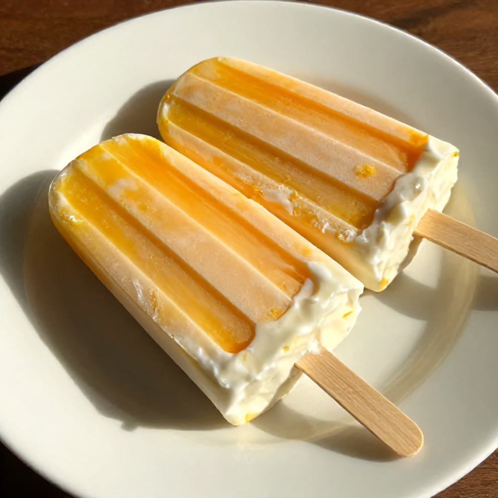 High Protein Mango Greek Yogurt Popsicles on a Plate