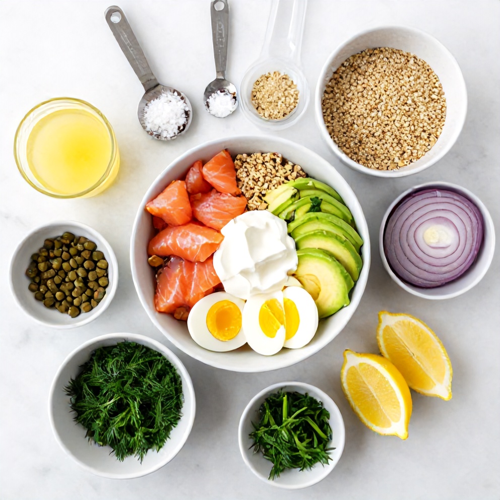 Ingredients for High Protein Smoked Salmon Quinoa Breakfast Bowls