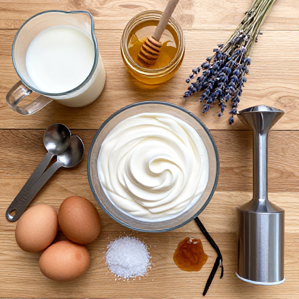Ingredients for honey lavender ice cream on a wooden surface