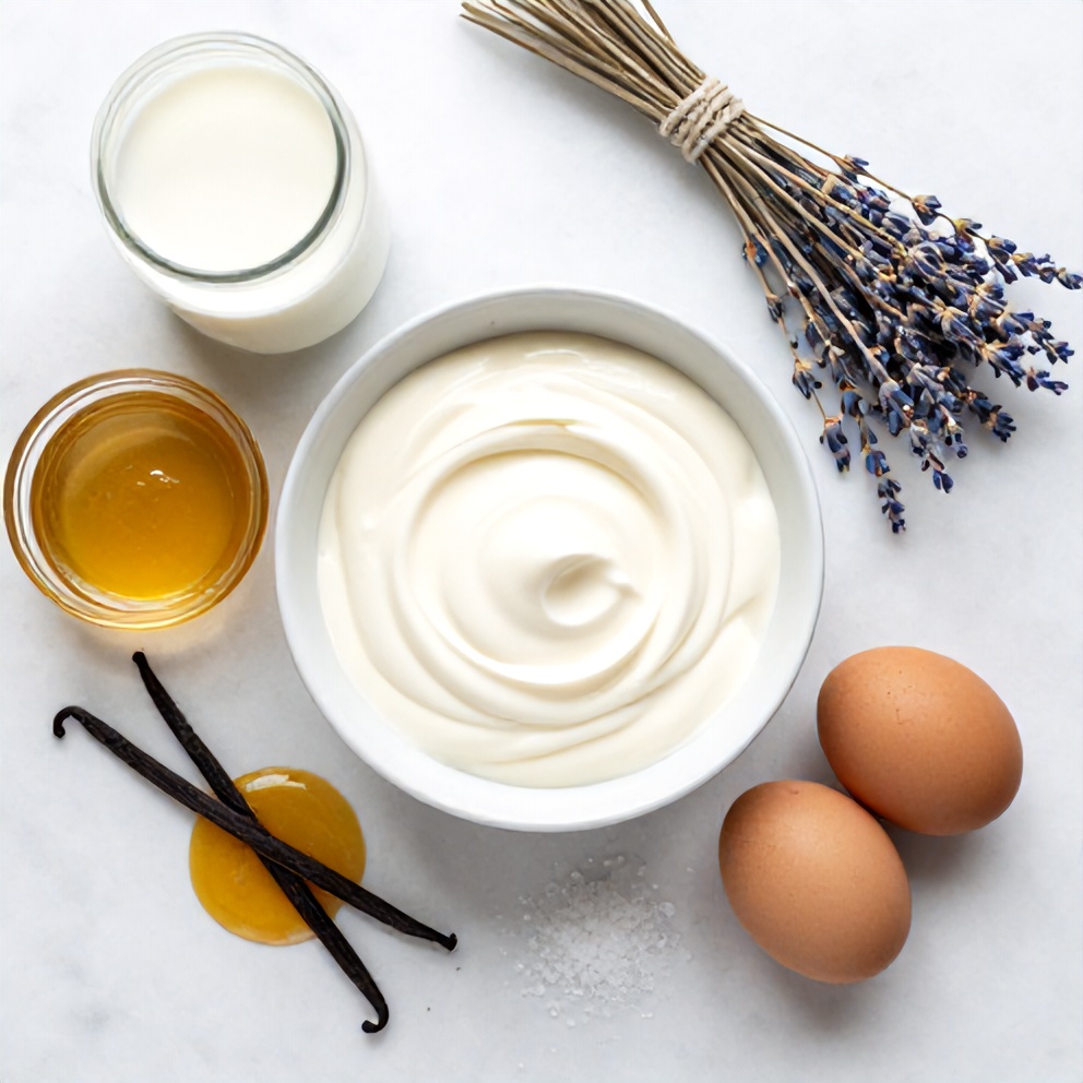 Raw ingredients for honey lavender ice cream arranged on a marble surface