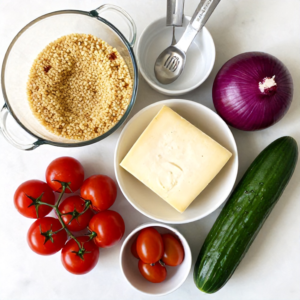 Raw ingredients for Hot Honey Halloumi Couscous Salad