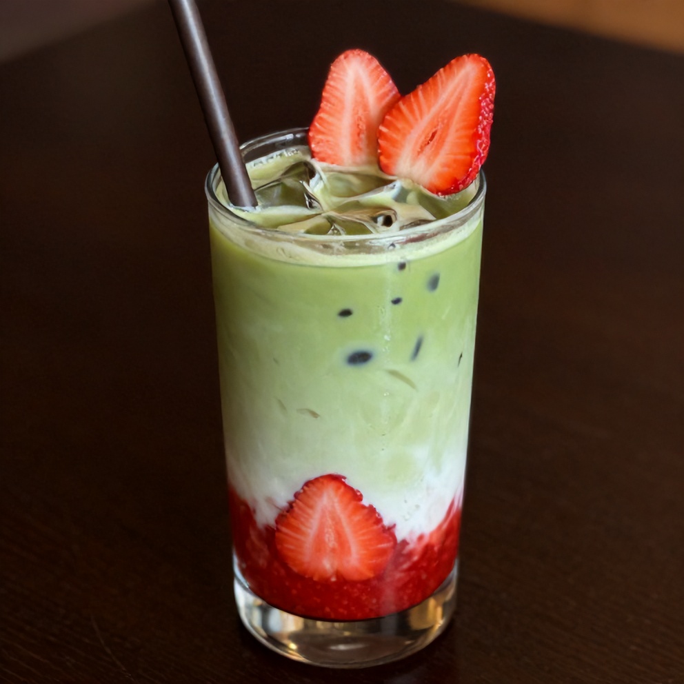 Iced Matcha Strawberry Latte served in a glass with a straw