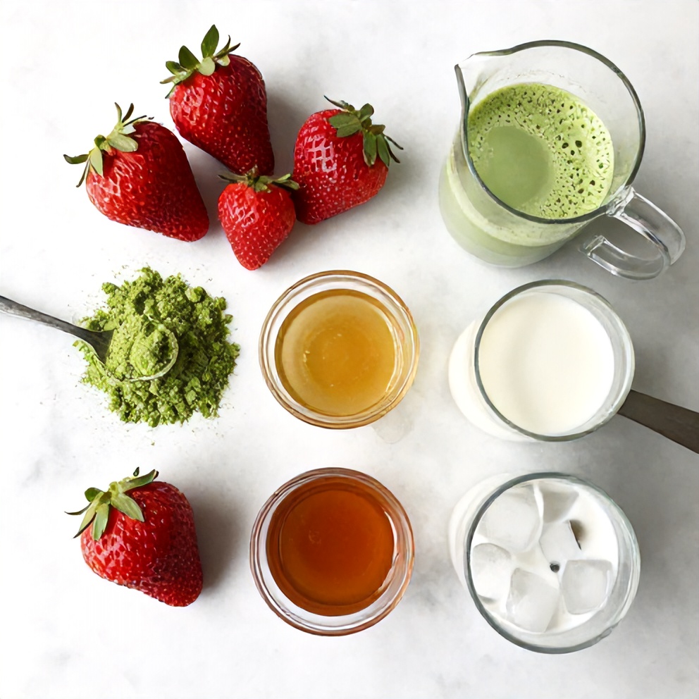 Raw ingredients for Iced Matcha Strawberry Latte including matcha powder, fresh strawberries, and milk