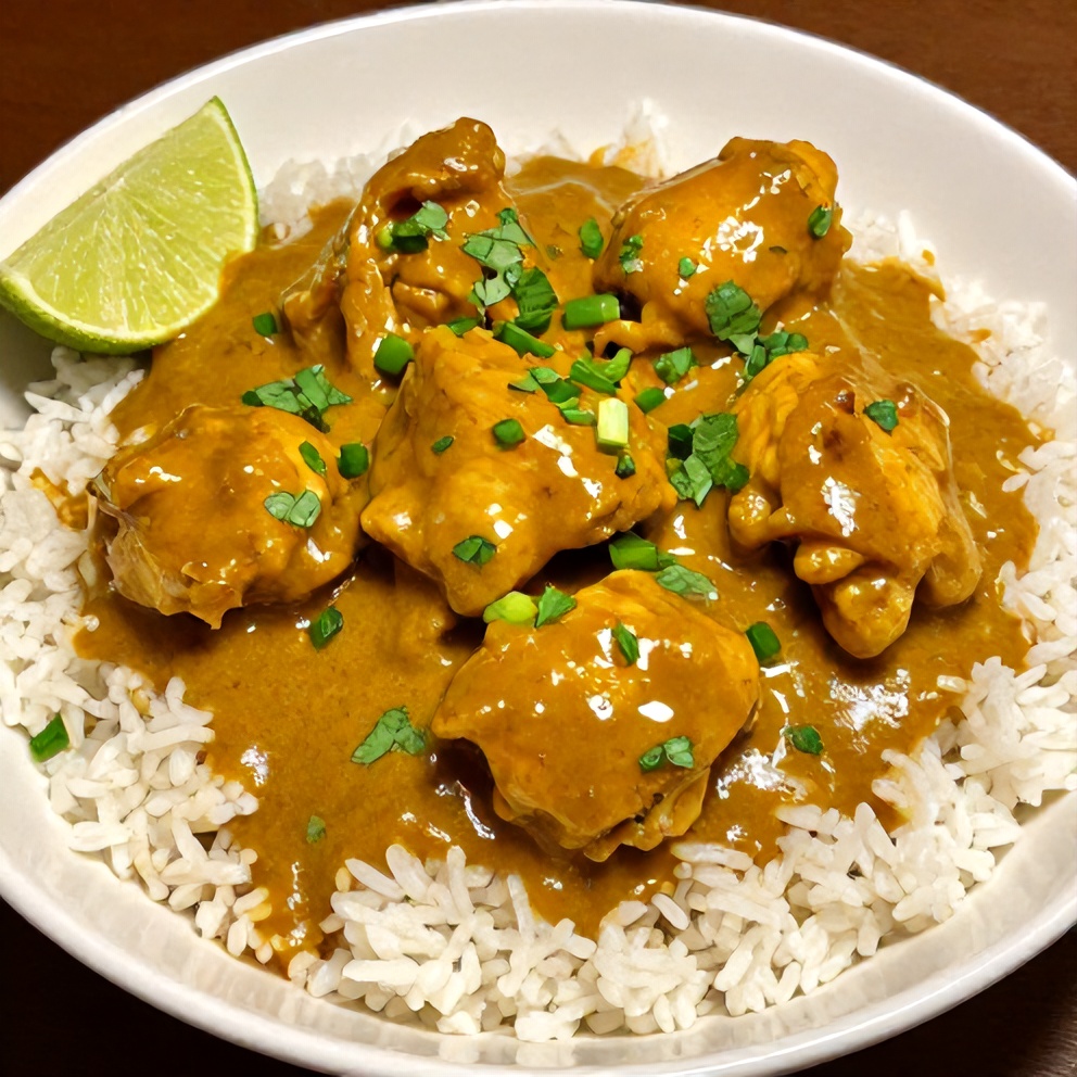 Plated serving of Jamaican Curry Chicken with coconut sauce, served over rice