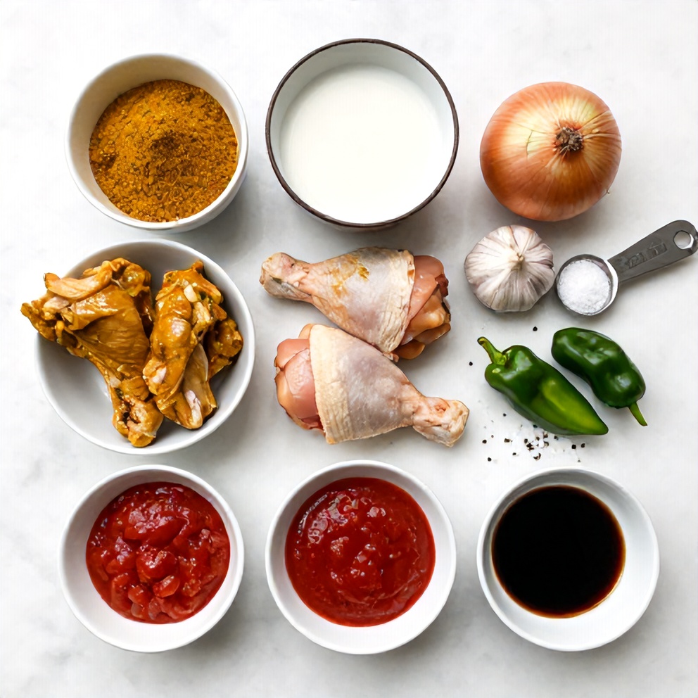 Raw ingredients for Jamaican Curry Chicken: chicken, curry powder, coconut milk, onion, garlic, scotch bonnet pepper, etc.