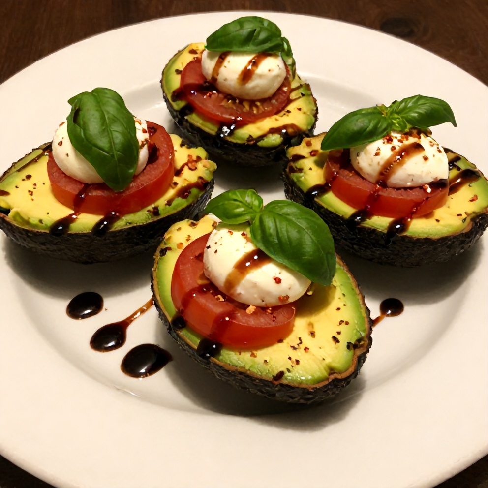 Keto Caprese Stuffed Avocado Bites served on a white plate