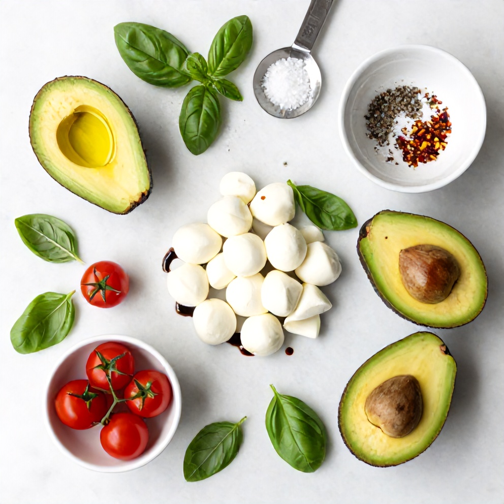 Avocado, mozzarella, tomatoes, basil, and olive oil arranged on a white marble surface