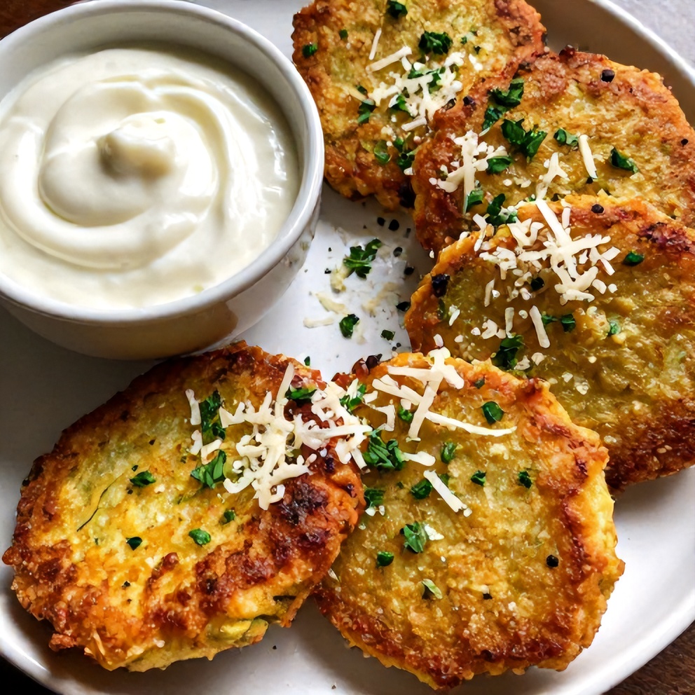 Plated Keto Zucchini Parmesan Fritters with Sour Cream Dip