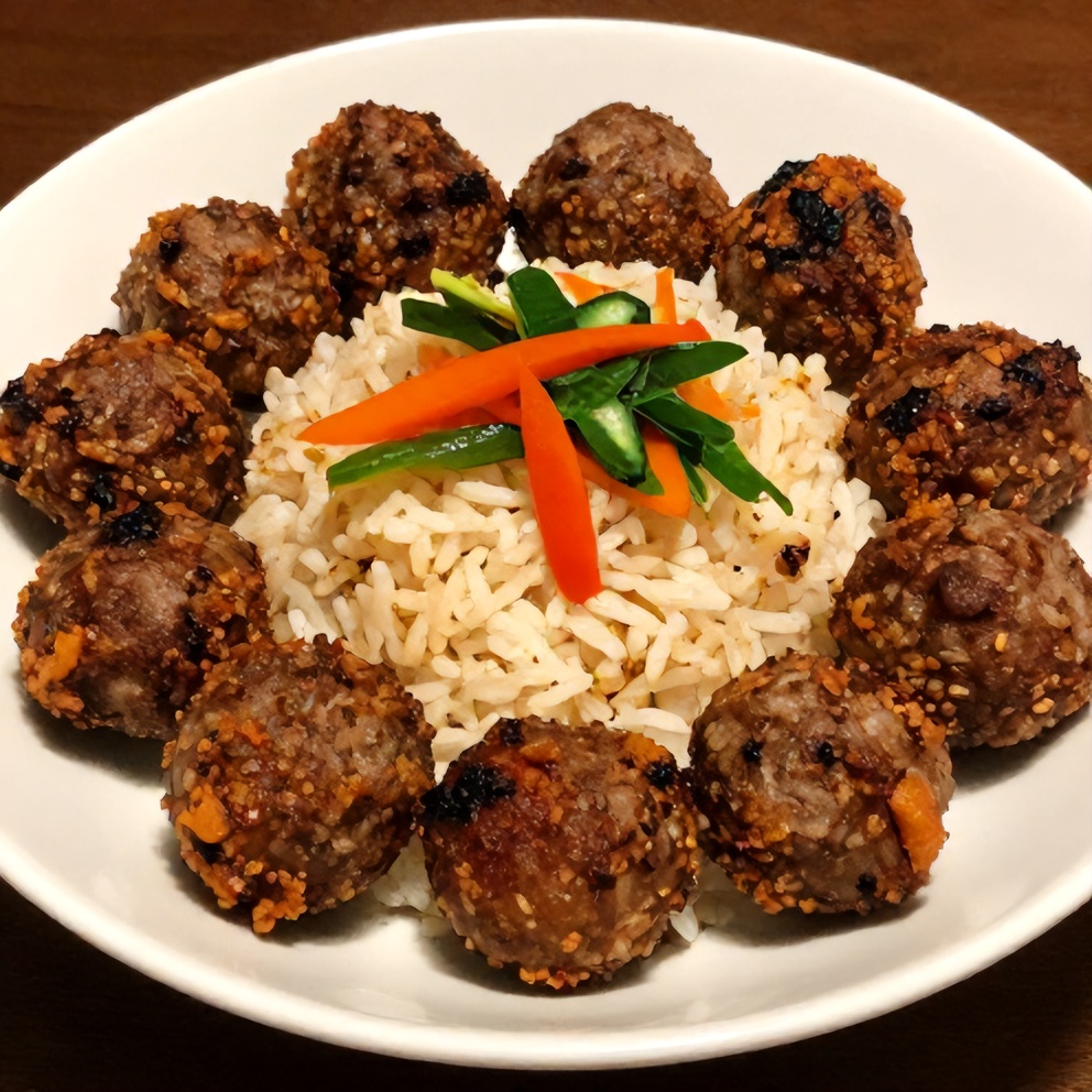 Korean BBQ Meatball Rice Bowl on a white plate