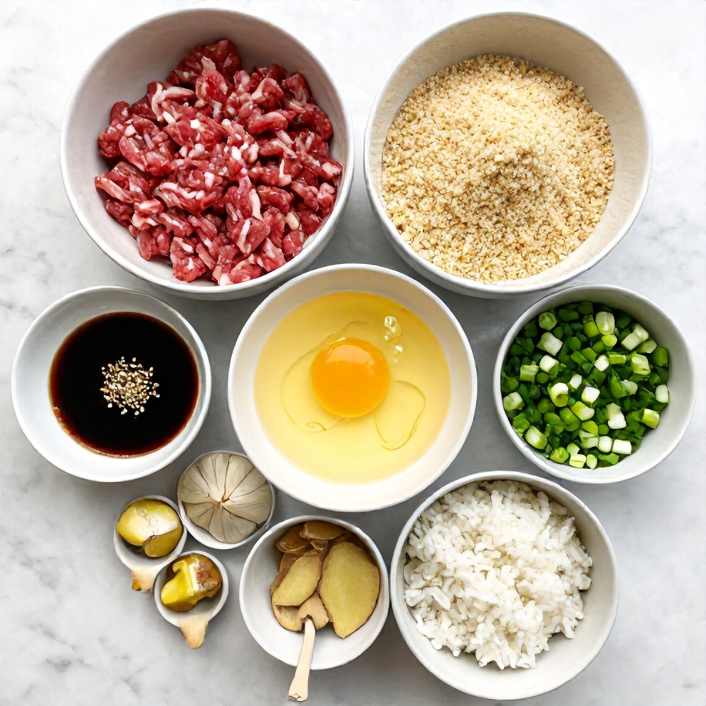 Raw ingredients for Korean BBQ Meatball Rice Bowls on a marble surface