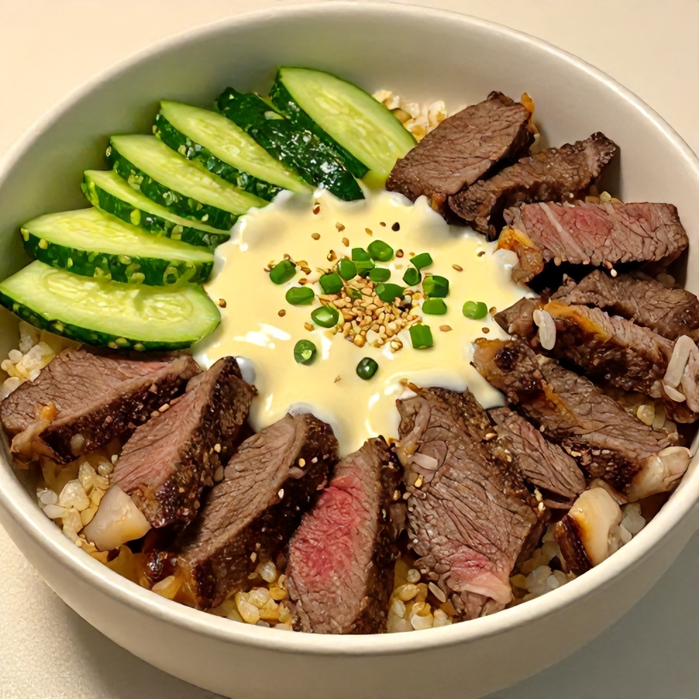 Plated Korean BBQ Steak Rice Bowl with Spicy Cream Sauce