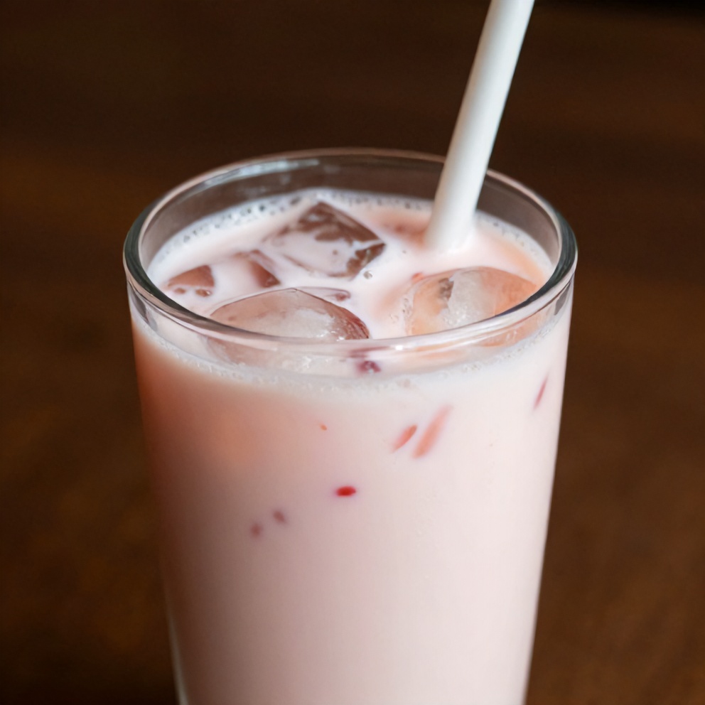 Glass of Korean strawberry milk with a straw