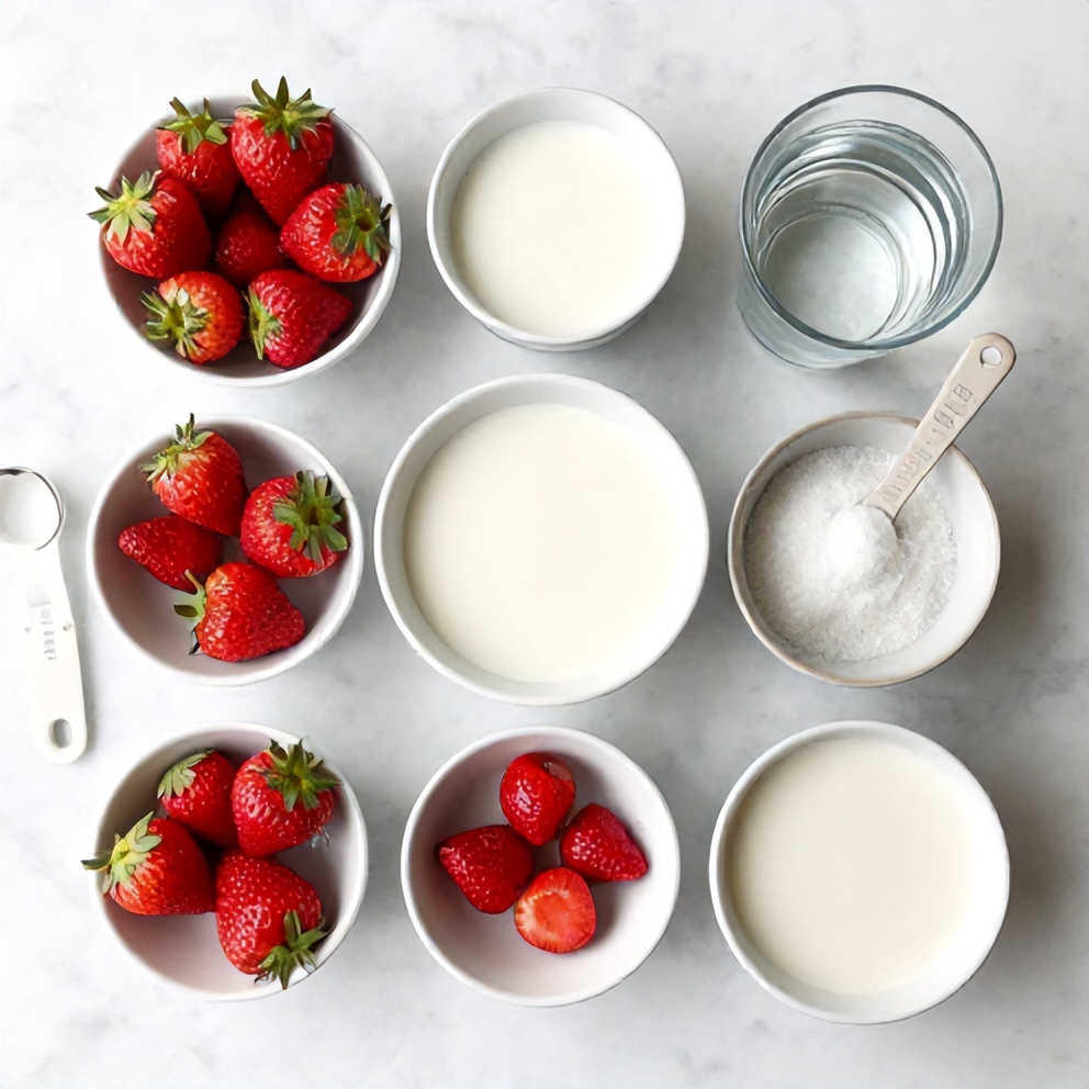 Strawberries, milk, sugar, and other ingredients for Korean strawberry milk