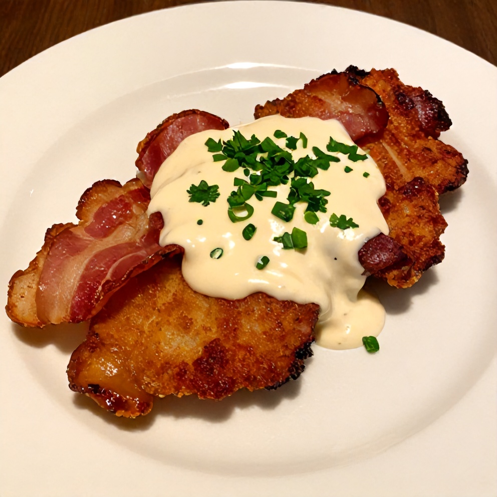Plated maple bacon pork chops with creamy Dijon sauce