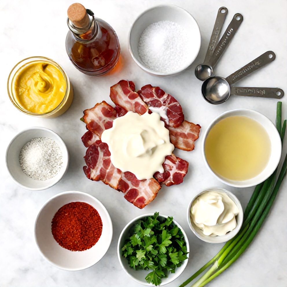 Raw ingredients for maple bacon pork chops with creamy Dijon sauce