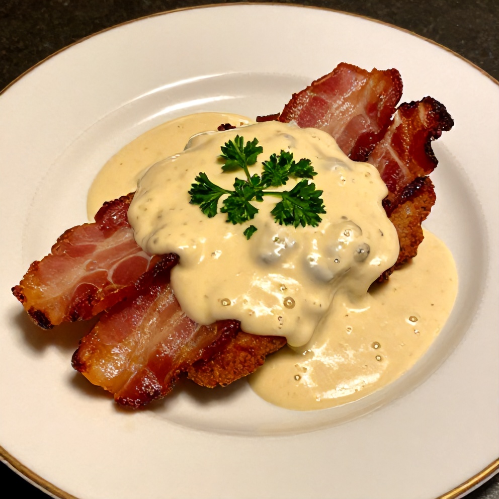 Plated maple bacon pork chops with creamy Dijon mustard sauce