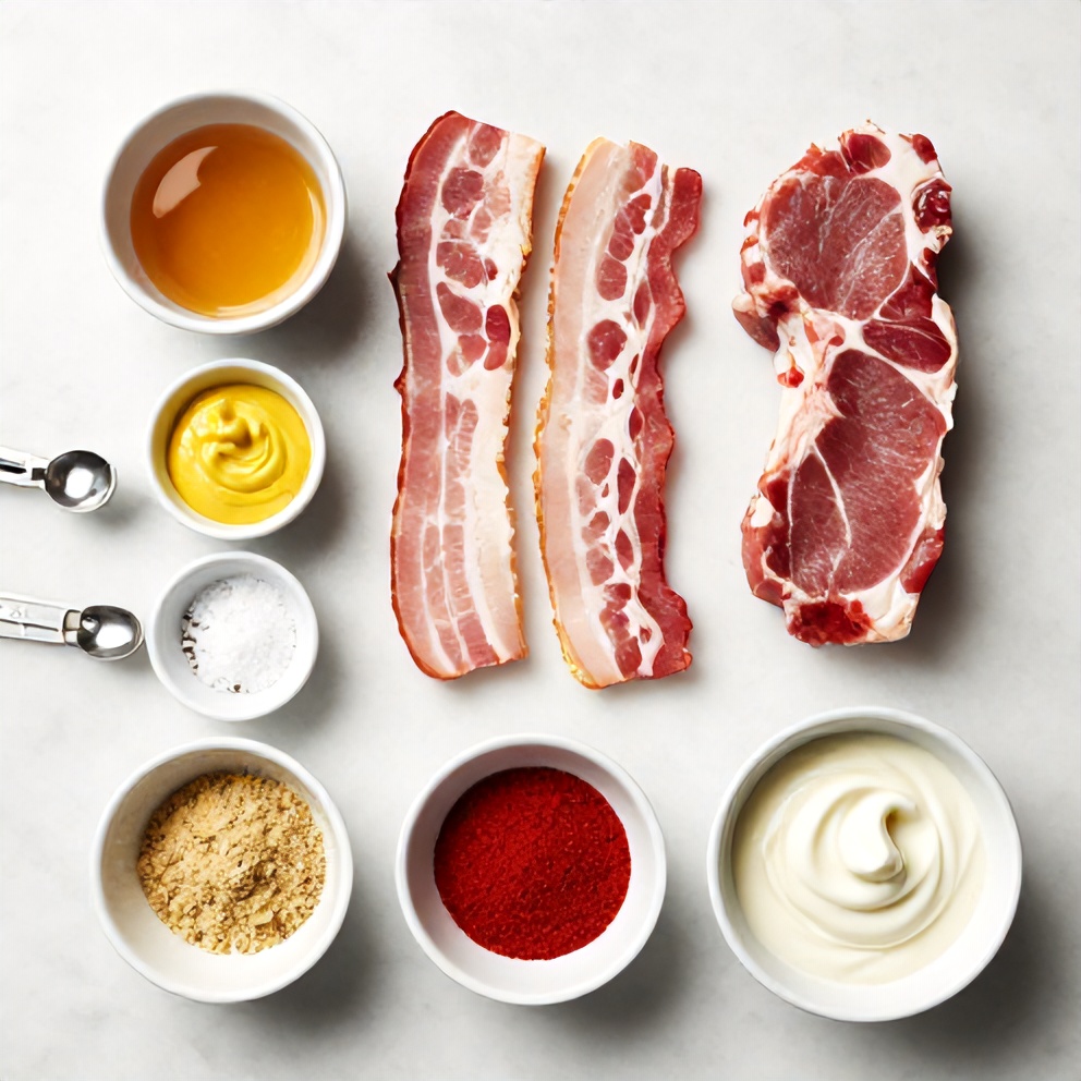 Raw ingredients for maple bacon pork chops