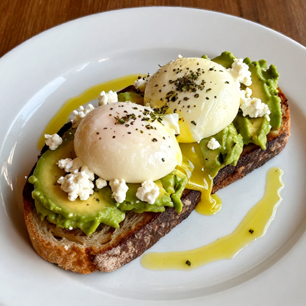 Plated Mediterranean Avocado Toast with poached egg, feta, and fresh herbs