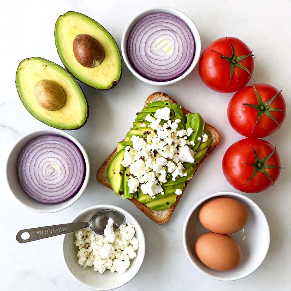 Raw ingredients for Mediterranean Avocado Toast including ripe avocados, fresh tomatoes, red onion, feta cheese, and eggs
