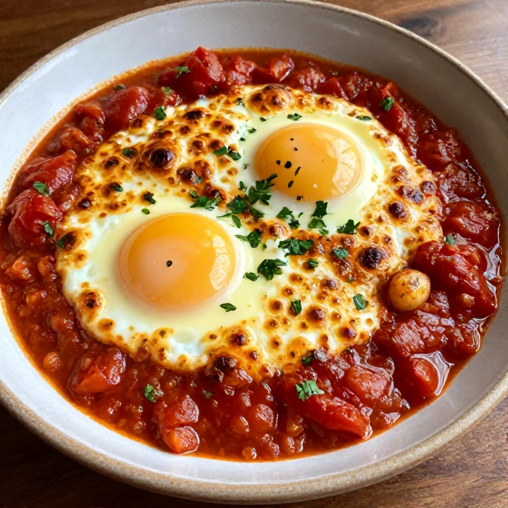 Plated Mediterranean Baked Eggs with Spiced Tomato Sauce