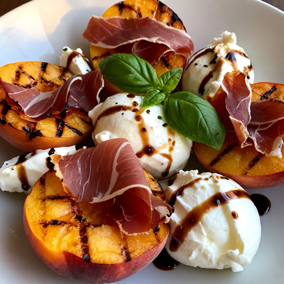 Mediterranean Grilled Peach and Prosciutto Salad with Burrata