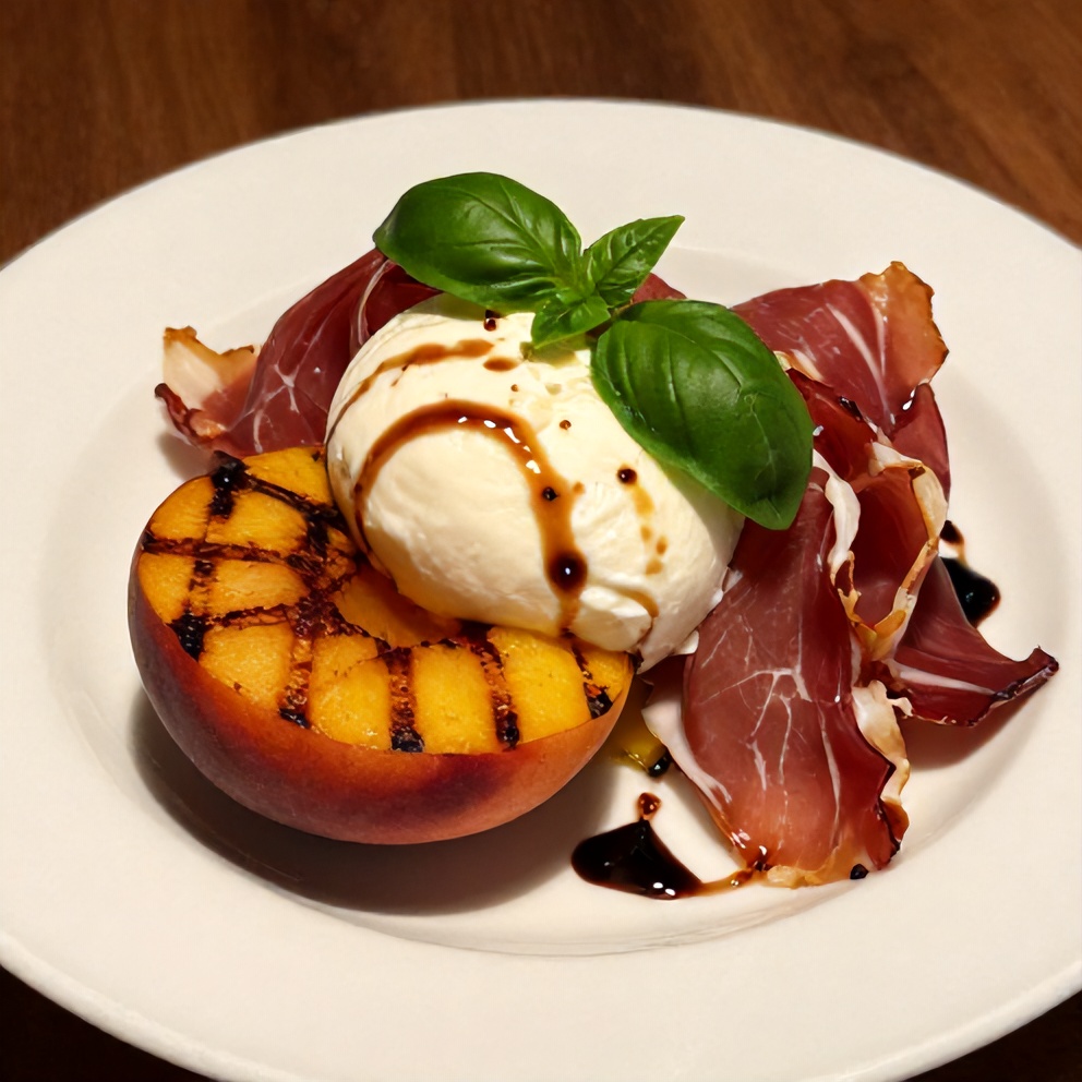 Plated Mediterranean Grilled Peach and Prosciutto Salad with Burrata