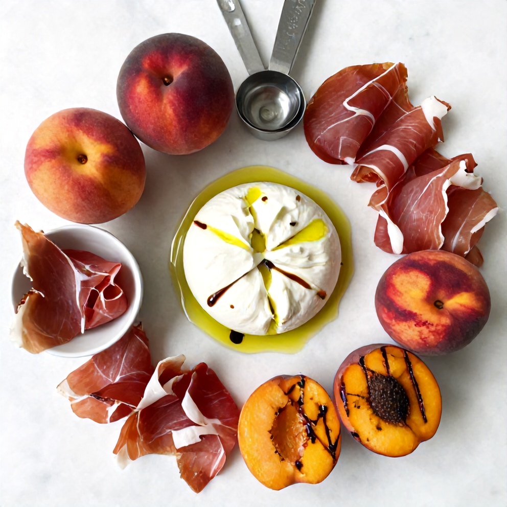 Raw ingredients for Mediterranean Grilled Peach and Prosciutto Salad with Burrata