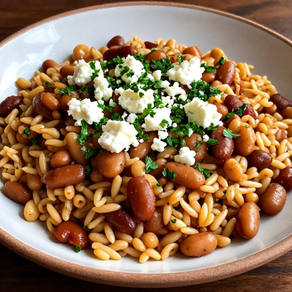 Plated Mediterranean orzo and beans one pot dinner with a sprinkle of feta