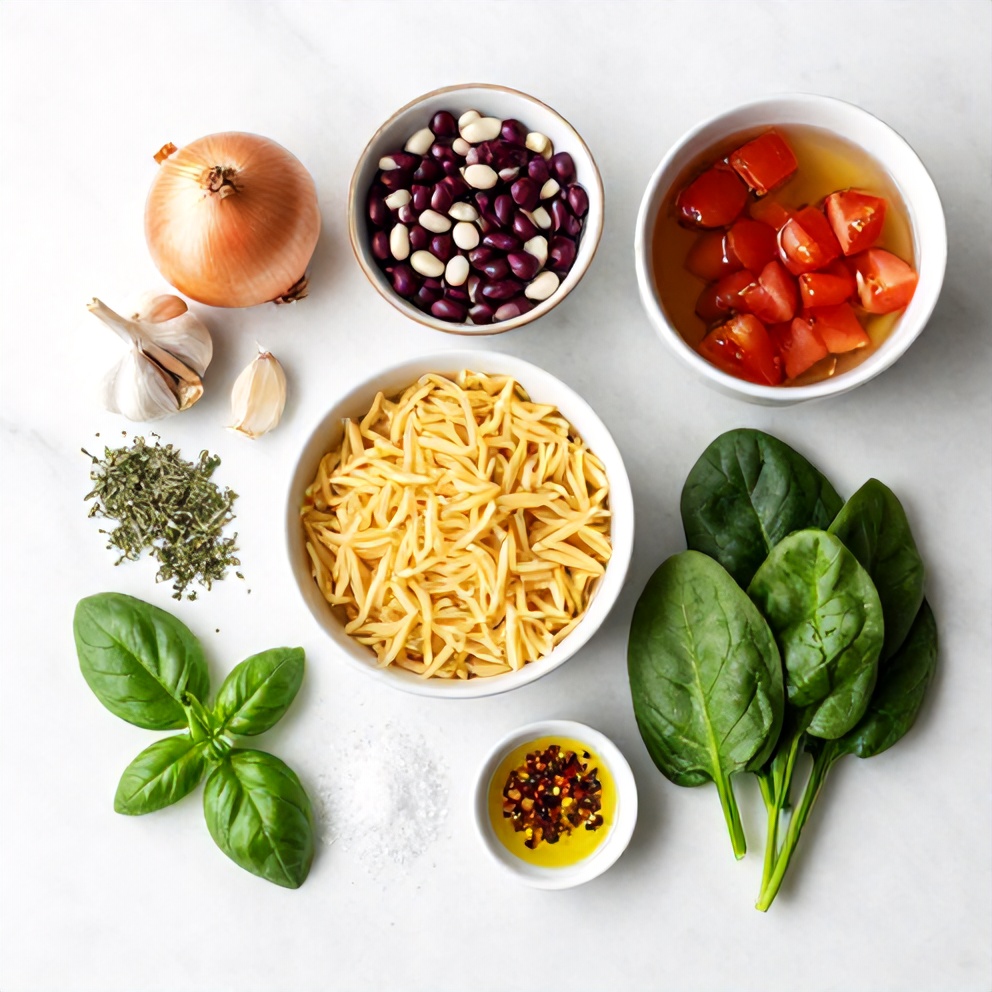 Raw ingredients for Mediterranean orzo and beans one pot dinner on a wooden surface