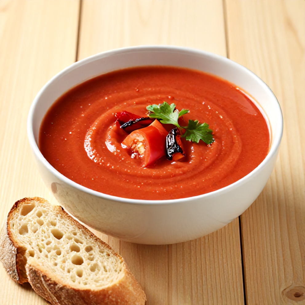 Bowl of chilled tomato and roasted pepper soup with a slice of crusty bread