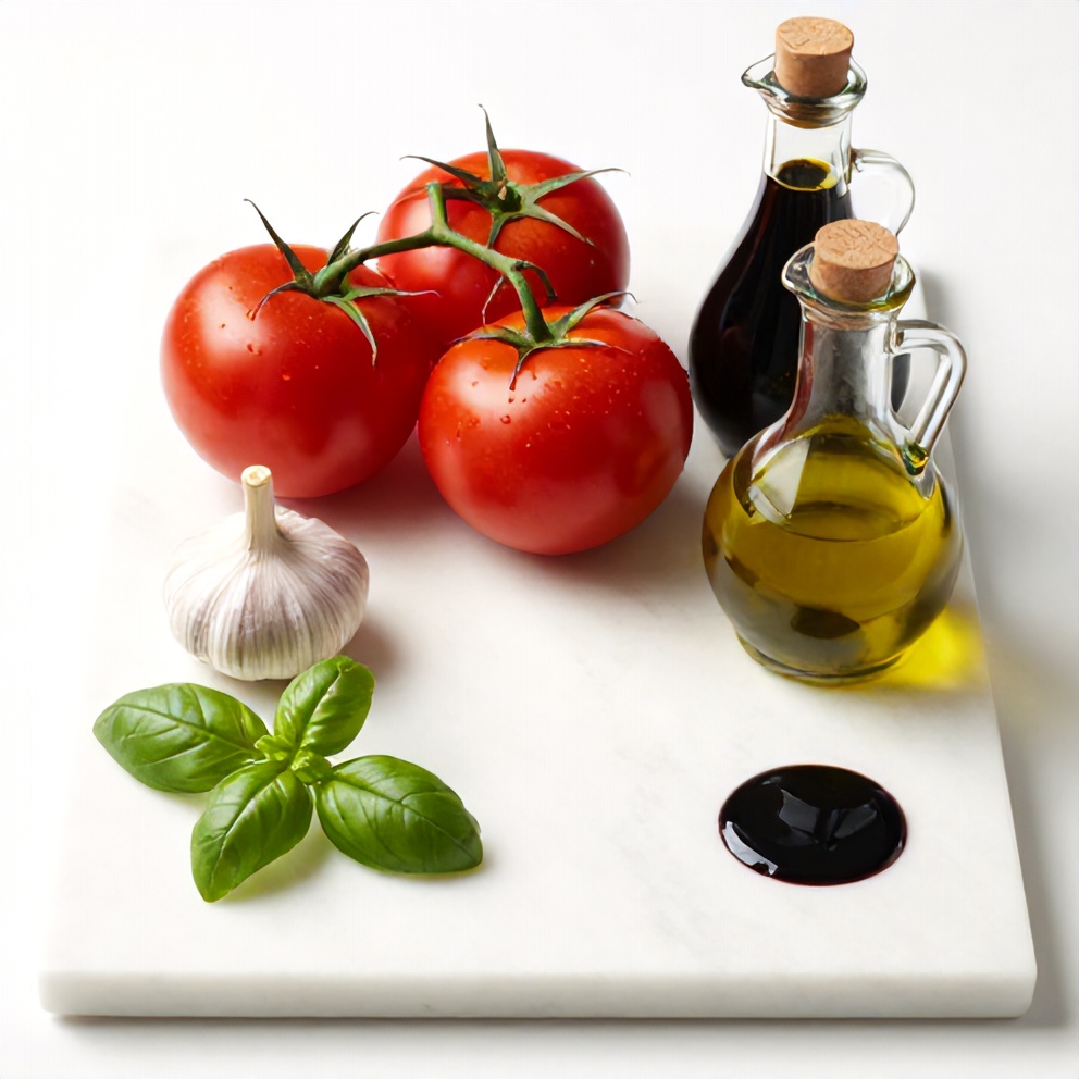 Fresh tomatoes, red bell peppers, garlic, basil, olive oil, and other ingredients for the soup arranged on a wooden cutting board