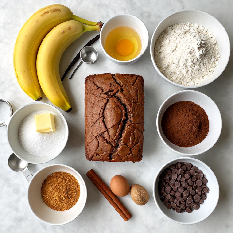 Banana, flour, sugar, eggs, chocolate chips, and other ingredients arranged on a marble counter