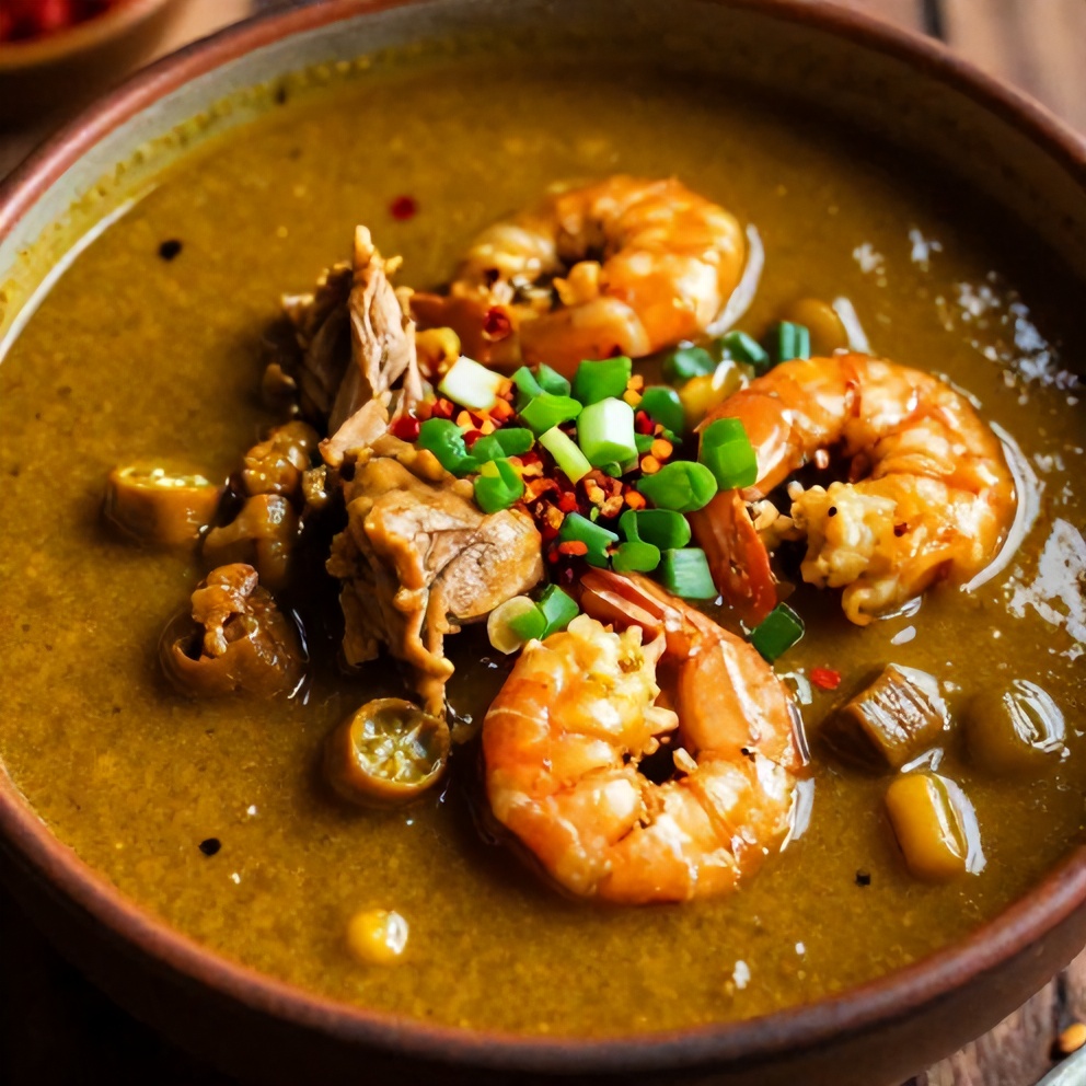 Plated Nigerian Okra Soup with Shrimp and Turkey