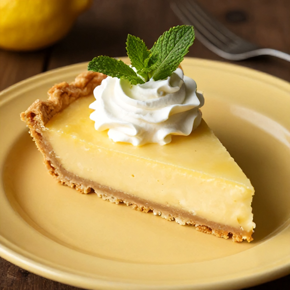 A slice of no bake lemon pie on a yellow plate, with a dollop of whipped cream and a mint leaf garnish.