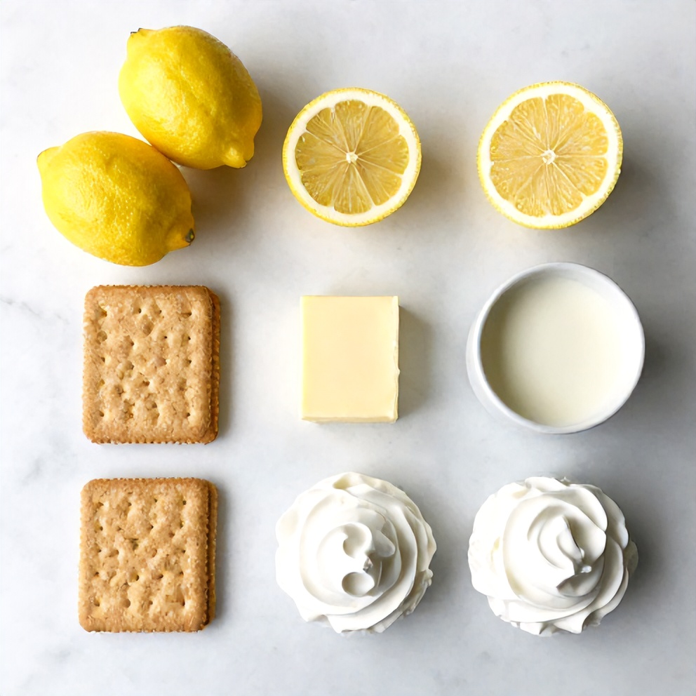 A flat lay of ingredients for no bake lemon pie, including lemons, graham crackers, butter, sweetened condensed milk, and Cool Whip.