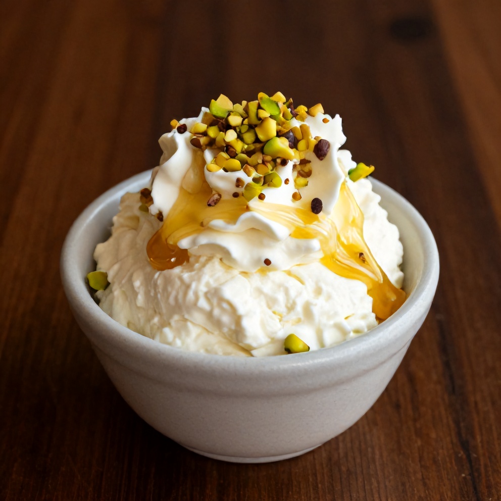 Plated no-bake ricotta cups with honey and pistachios