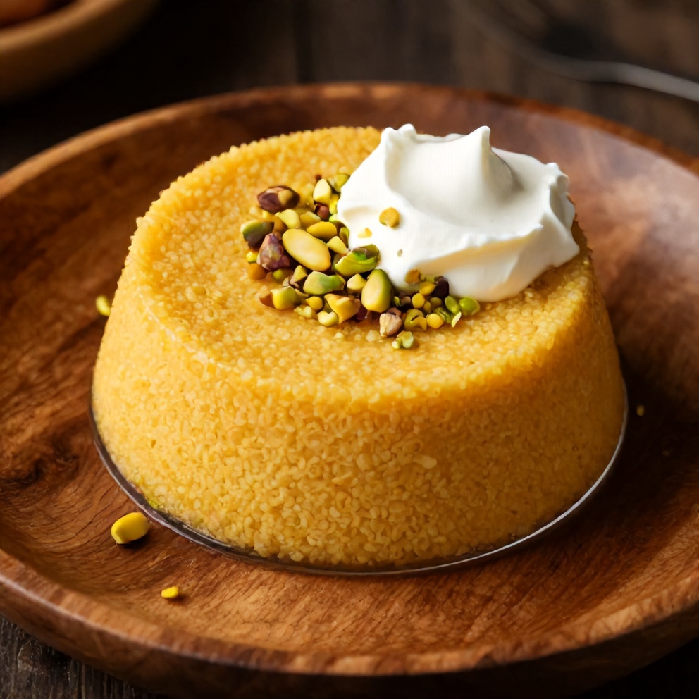 Plated orange blossom semolina pudding with pistachios