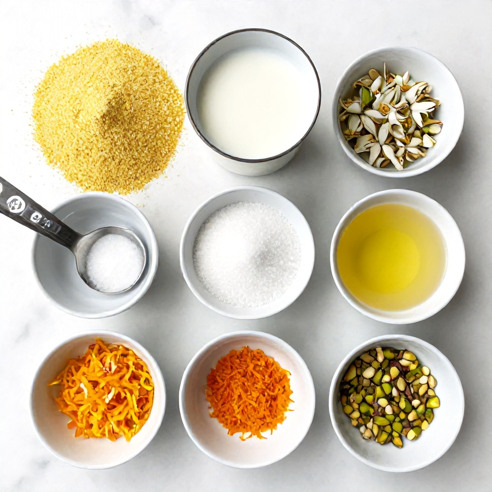 Raw ingredients for orange blossom semolina pudding laid out