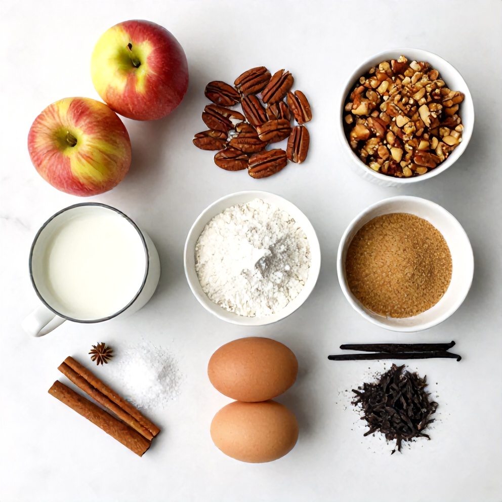 Raw ingredients for Pecan Apple Crisp Coffee Cake including apples, pecans, and warm spices