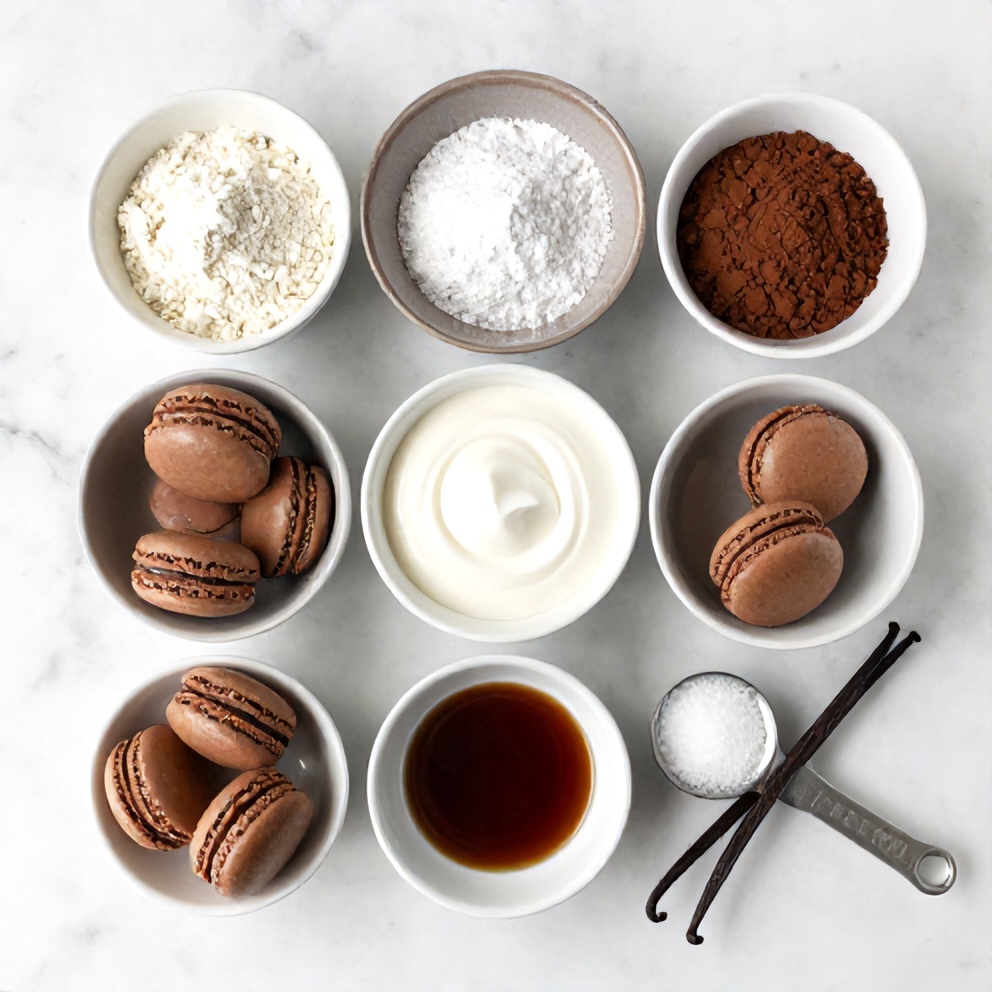 Ingredients for Perfect Chocolate Macarons on a marble surface