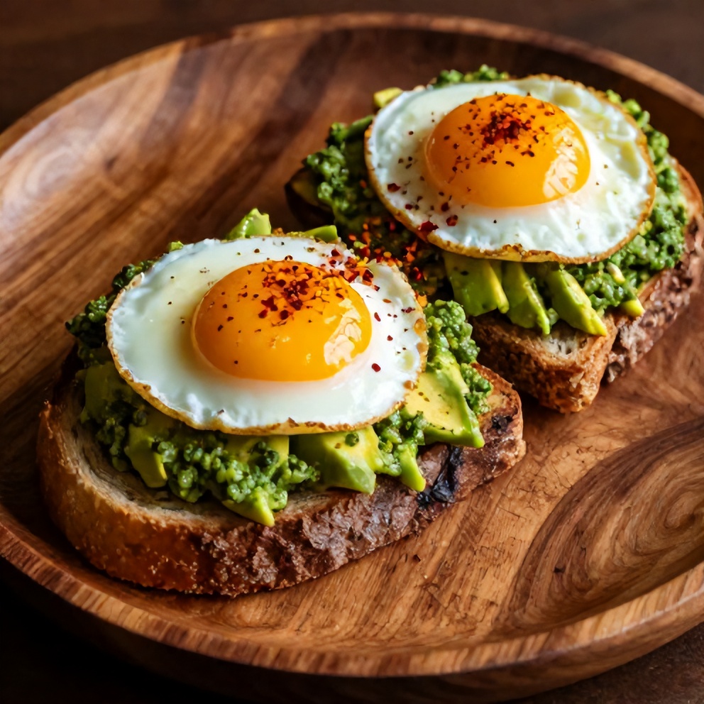 A plated serving of pesto eggs on avocado toast with a sprinkle of red pepper flakes