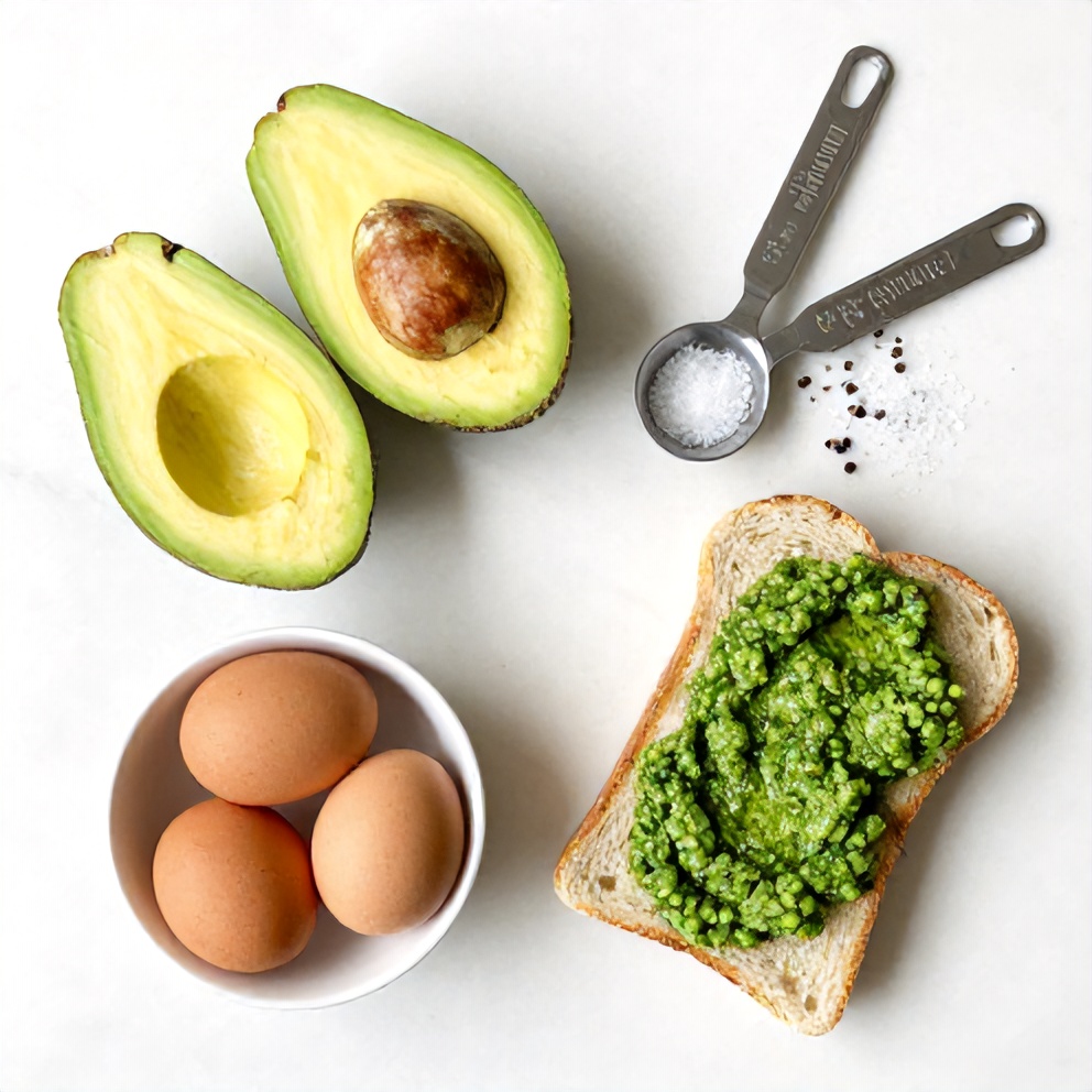 Avocado, eggs, pesto, bread, salt, and pepper arranged on a white marble surface