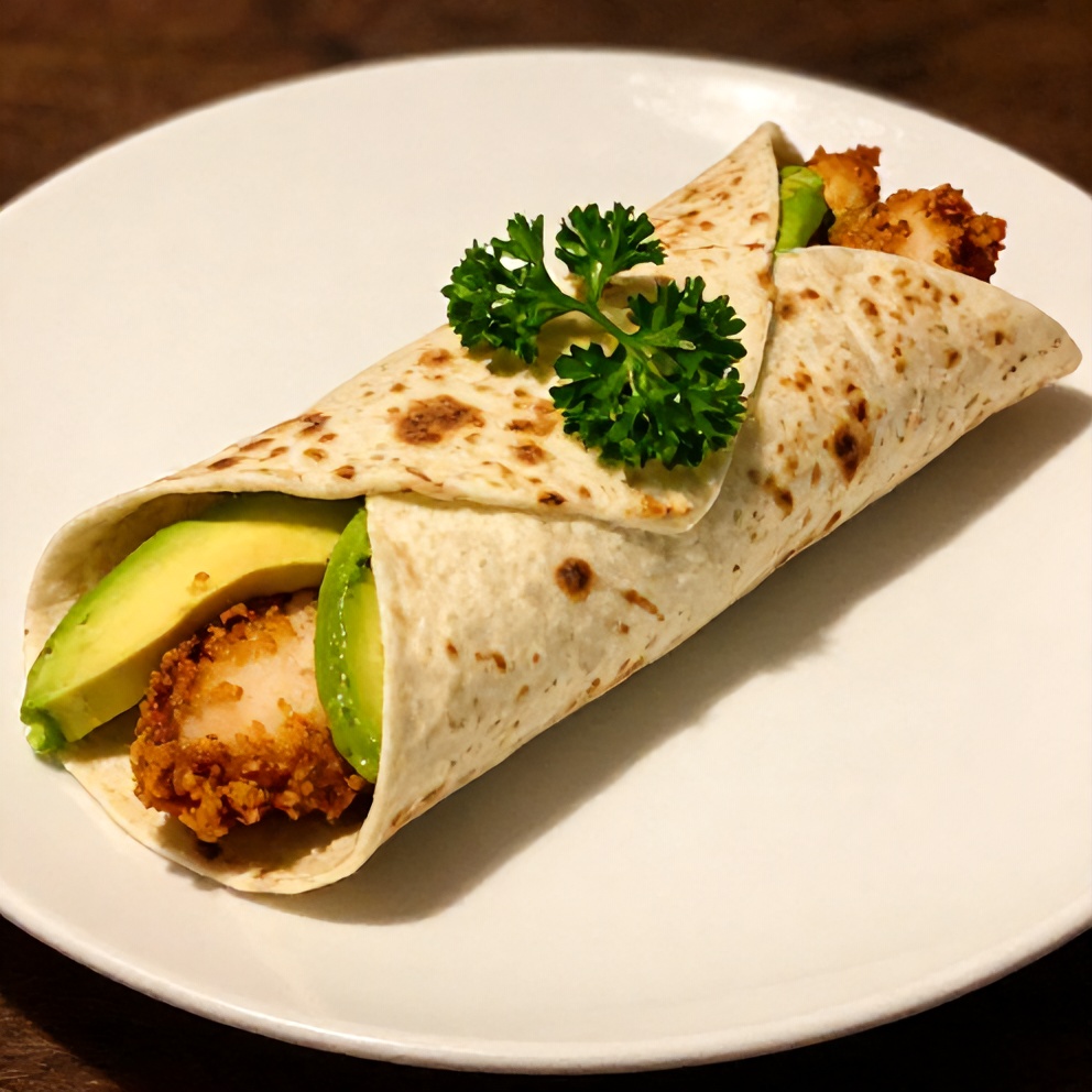 Plated chicken avocado wrap on a white plate