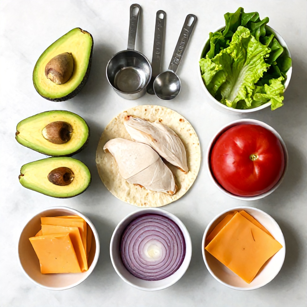 Raw ingredients for chicken avocado wrap on a marble surface