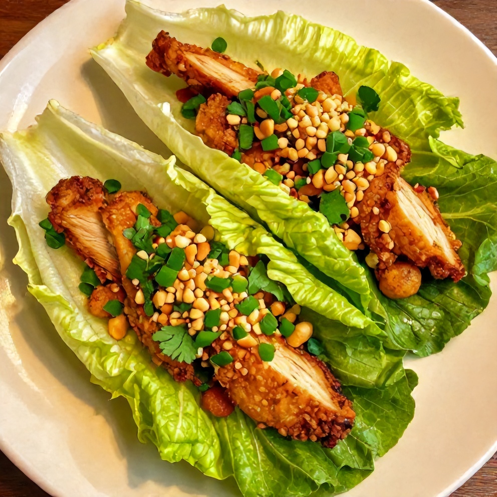 Plated serving of chicken lettuce wraps